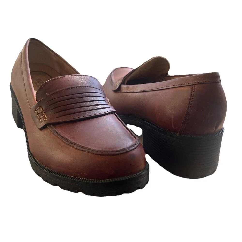 Eastland Newbury Womens 11M Leather Brown Penny Loafers Chunky Block Heel Y2K